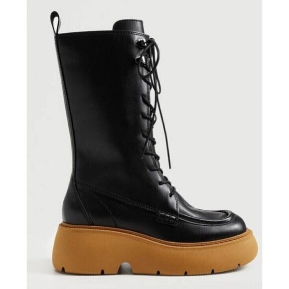 Mango Charles Boots MNG Size 9.5 US EUR 41 Lace-up Leather Black Tall Chunky - Picture 8 of 10